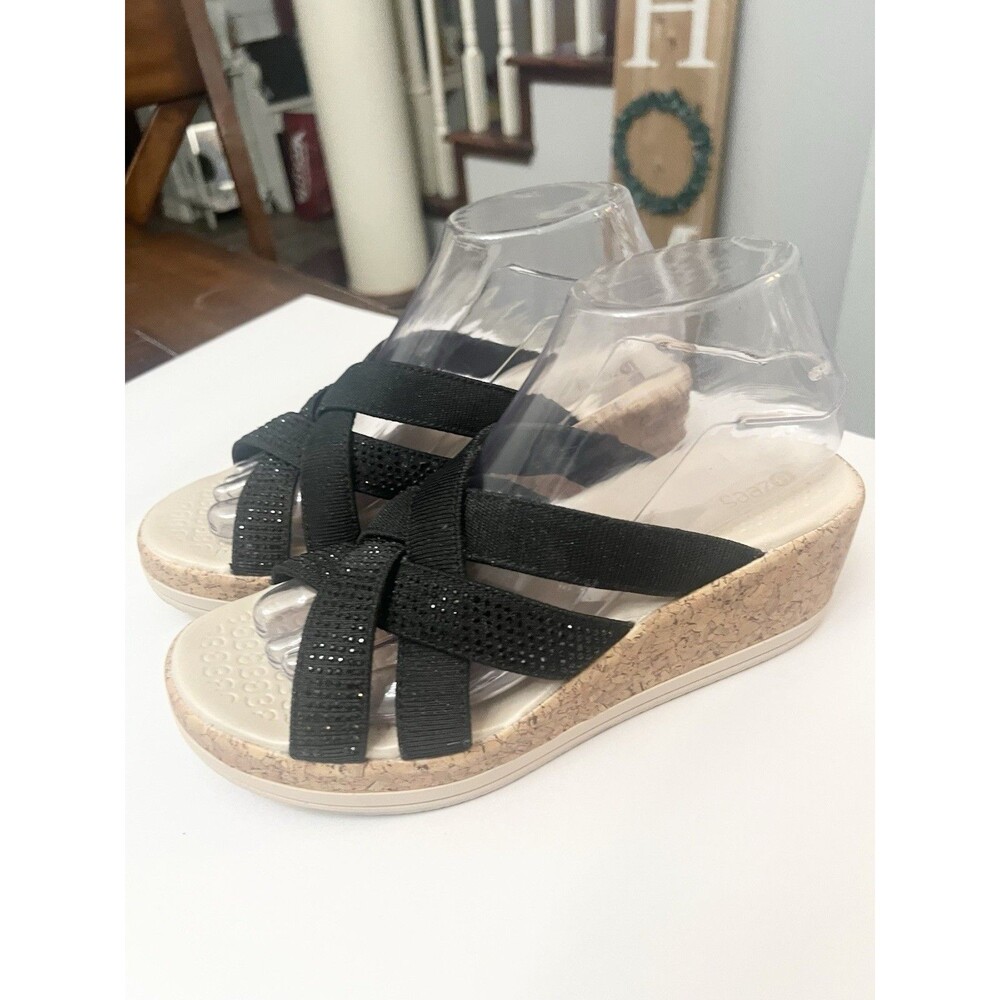Bzees Size 7.5 38 Black Strappy Reign Wedge Sandals Comfort & Sparkle Washable